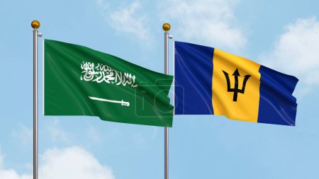 Photo for Waving flags of Saudi Arabia and Barbados on sky background. Illustrating International Diplomacy, Friendship and Partnership with Soaring Flags against the Sky. 3D illustration - Royalty Free Image