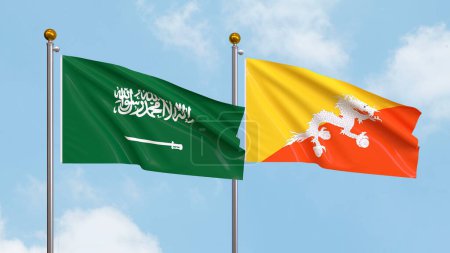 Photo for Waving flags of Saudi Arabia and Bhutan on sky background. Illustrating International Diplomacy, Friendship and Partnership with Soaring Flags against the Sky. 3D illustration - Royalty Free Image