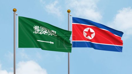 Photo for Waving flags of Saudi Arabia and North Korea on sky background. Illustrating International Diplomacy, Friendship and Partnership with Soaring Flags against the Sky. 3D illustration - Royalty Free Image