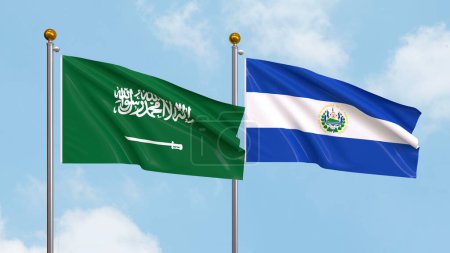 Photo for Waving flags of Saudi Arabia and El Salvador on sky background. Illustrating International Diplomacy, Friendship and Partnership with Soaring Flags against the Sky. 3D illustration - Royalty Free Image