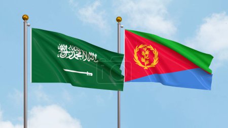 Photo for Waving flags of Saudi Arabia and Eritrea on sky background. Illustrating International Diplomacy, Friendship and Partnership with Soaring Flags against the Sky. 3D illustration - Royalty Free Image