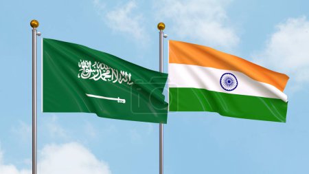 Photo for Waving flags of Saudi Arabia and India on sky background. Illustrating International Diplomacy, Friendship and Partnership with Soaring Flags against the Sky. 3D illustration - Royalty Free Image