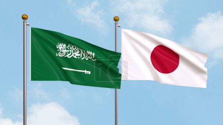 Fahnen Saudi-Arabiens und Japans wehen am Himmel. Illustration der internationalen Diplomatie, Freundschaft und Partnerschaft mit wehenden Fahnen gegen den Himmel. 3D-Illustration