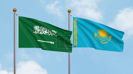 Fahnen Saudi-Arabiens und Kasachstans wehen am Himmel. Illustration der internationalen Diplomatie, Freundschaft und Partnerschaft mit wehenden Fahnen gegen den Himmel. 3D-Illustration