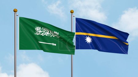Photo for Waving flags of Saudi Arabia and Nauru on sky background. Illustrating International Diplomacy, Friendship and Partnership with Soaring Flags against the Sky. 3D illustration - Royalty Free Image