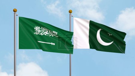 Flaggen Saudi-Arabiens und Pakistans wehen am Himmel. Illustration der internationalen Diplomatie, Freundschaft und Partnerschaft mit wehenden Fahnen gegen den Himmel. 3D-Illustration