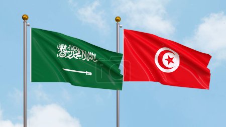 Photo for Waving flags of Saudi Arabia and Tunisia on sky background. Illustrating International Diplomacy, Friendship and Partnership with Soaring Flags against the Sky. 3D illustration - Royalty Free Image