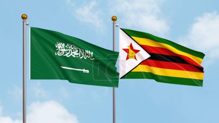 Photo for Waving flags of Saudi Arabia and Zimbabwe on sky background. Illustrating International Diplomacy, Friendship and Partnership with Soaring Flags against the Sky. 3D illustration - Royalty Free Image