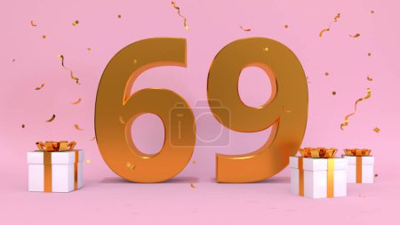 Foto de 3D renderizar número de Feliz Cumpleaños sesenta y nueve años. Aniversario del cumpleaños, elementos de regalo. 3d ilustración, color rosa - Imagen libre de derechos