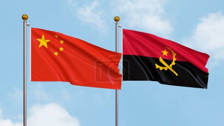 Photo for Waving flags of China and Angola on sky background. Illustrating International Diplomacy, Friendship and Partnership with Soaring Flags against the Sky. 3D illustration - Royalty Free Image