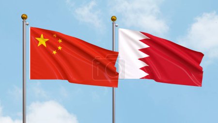Photo for Waving flags of China and Bahrain on sky background. Illustrating International Diplomacy, Friendship and Partnership with Soaring Flags against the Sky. 3D illustration - Royalty Free Image