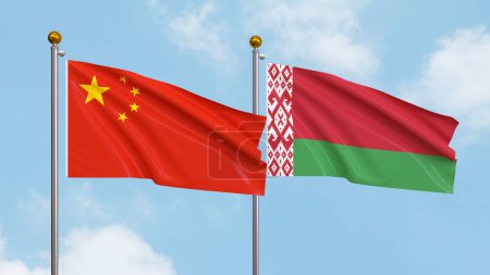 Photo for Waving flags of China and Belarus on sky background. Illustrating International Diplomacy, Friendship and Partnership with Soaring Flags against the Sky. 3D illustration - Royalty Free Image