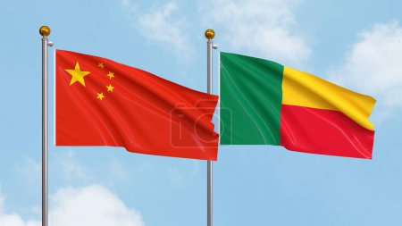 Photo for Waving flags of China and Benin on sky background. Illustrating International Diplomacy, Friendship and Partnership with Soaring Flags against the Sky. 3D illustration - Royalty Free Image