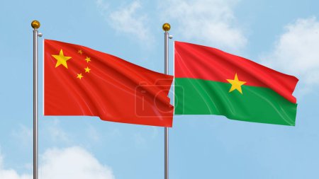 Photo for Waving flags of China and Burkina Faso on sky background. Illustrating International Diplomacy, Friendship and Partnership with Soaring Flags against the Sky. 3D illustration - Royalty Free Image