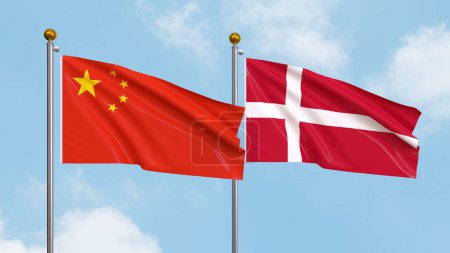 Photo for Waving flags of China and Denmark on sky background. Illustrating International Diplomacy, Friendship and Partnership with Soaring Flags against the Sky. 3D illustration - Royalty Free Image