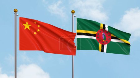 Photo for Waving flags of China and Dominica on sky background. Illustrating International Diplomacy, Friendship and Partnership with Soaring Flags against the Sky. 3D illustration - Royalty Free Image