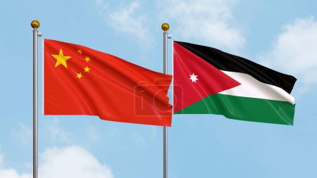 Photo for Waving flags of China and Jordan on sky background. Illustrating International Diplomacy, Friendship and Partnership with Soaring Flags against the Sky. 3D illustration - Royalty Free Image