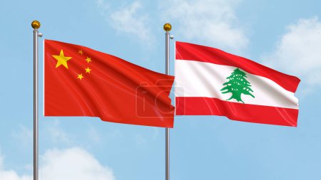 Photo for Waving flags of China and Lebanon on sky background. Illustrating International Diplomacy, Friendship and Partnership with Soaring Flags against the Sky. 3D illustration - Royalty Free Image