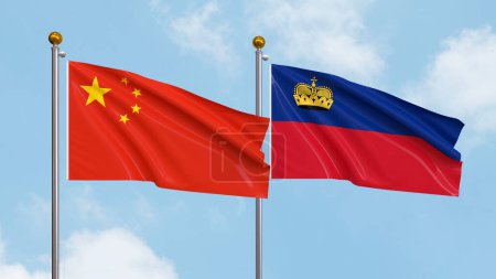Photo for Waving flags of China and Liechtenstein on sky background. Illustrating International Diplomacy, Friendship and Partnership with Soaring Flags against the Sky. 3D illustration - Royalty Free Image