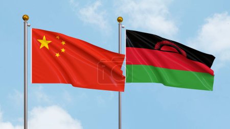 Photo for Waving flags of China and Malawi on sky background. Illustrating International Diplomacy, Friendship and Partnership with Soaring Flags against the Sky. 3D illustration - Royalty Free Image