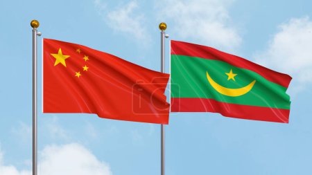 Photo for Waving flags of China and Mauritania on sky background. Illustrating International Diplomacy, Friendship and Partnership with Soaring Flags against the Sky. 3D illustration - Royalty Free Image