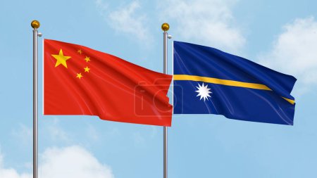 Photo for Waving flags of China and Nauru on sky background. Illustrating International Diplomacy, Friendship and Partnership with Soaring Flags against the Sky. 3D illustration - Royalty Free Image