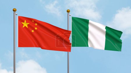 Photo for Waving flags of China and Nigeria on sky background. Illustrating International Diplomacy, Friendship and Partnership with Soaring Flags against the Sky. 3D illustration - Royalty Free Image