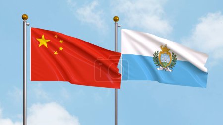 Photo for Waving flags of China and San Marino on sky background. Illustrating International Diplomacy, Friendship and Partnership with Soaring Flags against the Sky. 3D illustration - Royalty Free Image