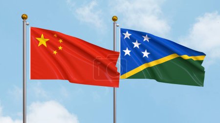 Im Hintergrund wehen Flaggen Chinas und der Salomonen. Illustration der internationalen Diplomatie, Freundschaft und Partnerschaft mit wehenden Fahnen gegen den Himmel. 3D-Illustration