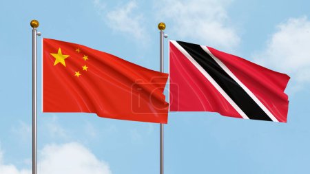 Photo for Waving flags of China and Trinidad and Tobago on sky background. Illustrating International Diplomacy, Friendship and Partnership with Soaring Flags against the Sky. 3D illustration - Royalty Free Image