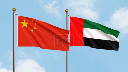 Fahnenschwenken von China und den Vereinigten Arabischen Emiraten am Himmel. Illustration der internationalen Diplomatie, Freundschaft und Partnerschaft mit wehenden Fahnen gegen den Himmel. 3D-Illustration