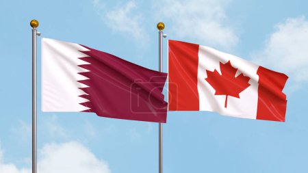 Photo for Waving flags of Qatar and Canada on sky background. Illustrating International Diplomacy, Friendship and Partnership with Soaring Flags against the Sky. 3D illustration - Royalty Free Image
