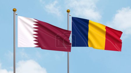 Photo for Waving flags of Qatar and Chad on sky background. Illustrating International Diplomacy, Friendship and Partnership with Soaring Flags against the Sky. 3D illustration - Royalty Free Image