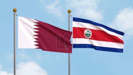 Photo for Waving flags of Qatar and Costa Rica on sky background. Illustrating International Diplomacy, Friendship and Partnership with Soaring Flags against the Sky. 3D illustration - Royalty Free Image