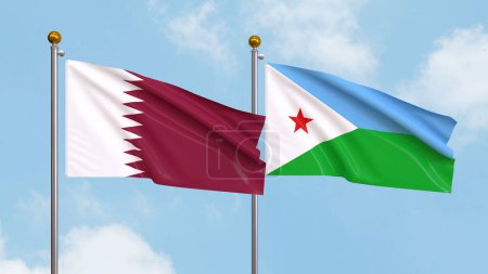 Photo for Waving flags of Qatar and Djibouti on sky background. Illustrating International Diplomacy, Friendship and Partnership with Soaring Flags against the Sky. 3D illustration - Royalty Free Image