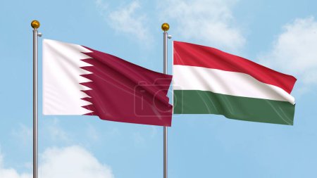 Photo for Waving flags of Qatar and Hungary on sky background. Illustrating International Diplomacy, Friendship and Partnership with Soaring Flags against the Sky. 3D illustration - Royalty Free Image