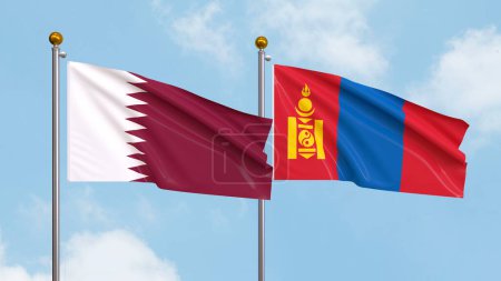 Photo for Waving flags of Qatar and Mongolia on sky background. Illustrating International Diplomacy, Friendship and Partnership with Soaring Flags against the Sky. 3D illustration - Royalty Free Image