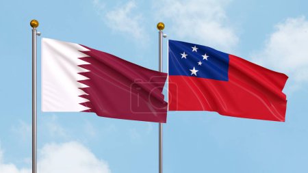 Photo for Waving flags of Qatar and Samoa on sky background. Illustrating International Diplomacy, Friendship and Partnership with Soaring Flags against the Sky. 3D illustration - Royalty Free Image