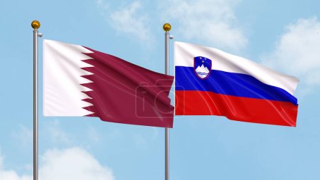 Fahnen Katars und Sloweniens wehen am Himmel. Illustration der internationalen Diplomatie, Freundschaft und Partnerschaft mit wehenden Fahnen gegen den Himmel. 3D-Illustration