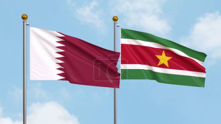 Photo for Waving flags of Qatar and Suriname on sky background. Illustrating International Diplomacy, Friendship and Partnership with Soaring Flags against the Sky. 3D illustration - Royalty Free Image