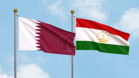 Photo for Waving flags of Qatar and Tajikistan on sky background. Illustrating International Diplomacy, Friendship and Partnership with Soaring Flags against the Sky. 3D illustration - Royalty Free Image