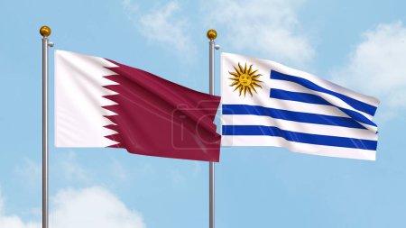 Photo for Waving flags of Qatar and Uruguay on sky background. Illustrating International Diplomacy, Friendship and Partnership with Soaring Flags against the Sky. 3D illustration - Royalty Free Image
