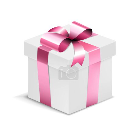 White gift box with pink ribbon bow, isolated on white