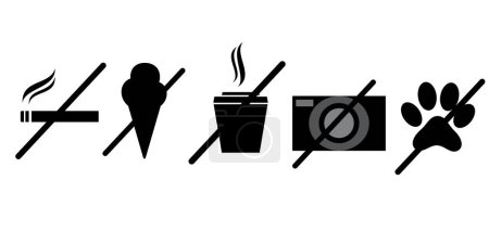 Ilustración de Conjunto de señales de línea de prohibición. No fumar, comida, bebidas, fotos, animales esbozan iconos sobre fondo blanco. Un derrame cerebral. Gráficos vectoriales - Imagen libre de derechos