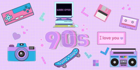 Illustration for Cute sticker pack in trendy retro y2k style. Kawaii elements set. Glamour 90s. Nostalgia for 1990s -2000s. - Royalty Free Image