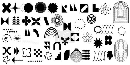 Brutalist abstract geometric shapes and grids. Brutal contemporary figure star oval spiral flower and other primitive elements. Swiss design aesthetic. Bauhaus memphis design. Vector