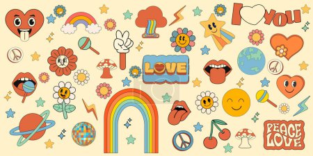 Illustration for Groovy hippie 70s set. Funny cartoon flower, rainbow, peace, Love, heart, daisy, mushroom etc. Sticker pack in trendy retro psychedelic cartoon style. Isolated vector illustration. Flower power. Vector - Royalty Free Image