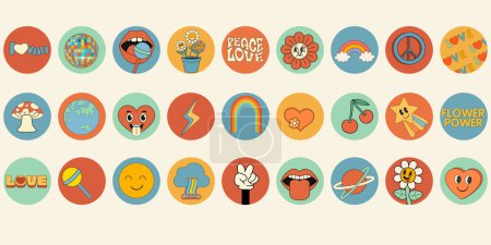 Illustration for Groovy hippie 70s set. Funny cartoon flower, rainbow, peace, Love, heart, daisy, mushroom etc. Sticker pack in trendy retro psychedelic cartoon style. Isolated vector illustration. Flower power.Vector - Royalty Free Image