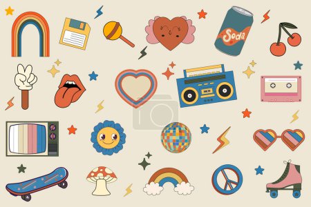 Groovy set hippie .Big set of items 70s. Retro icons in trendy 70s style. Vector icons: lips,video cassette,heart,daisy,flower, 3d glasses,lollipos,rainbow,smile face,mashrooms. Vector illustration