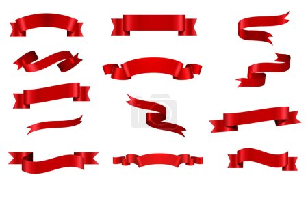 Red ribbon banner. Scarlet silk decorative empty shiny tape banners for discount offer and gift. Realistic 3d isolated vector set